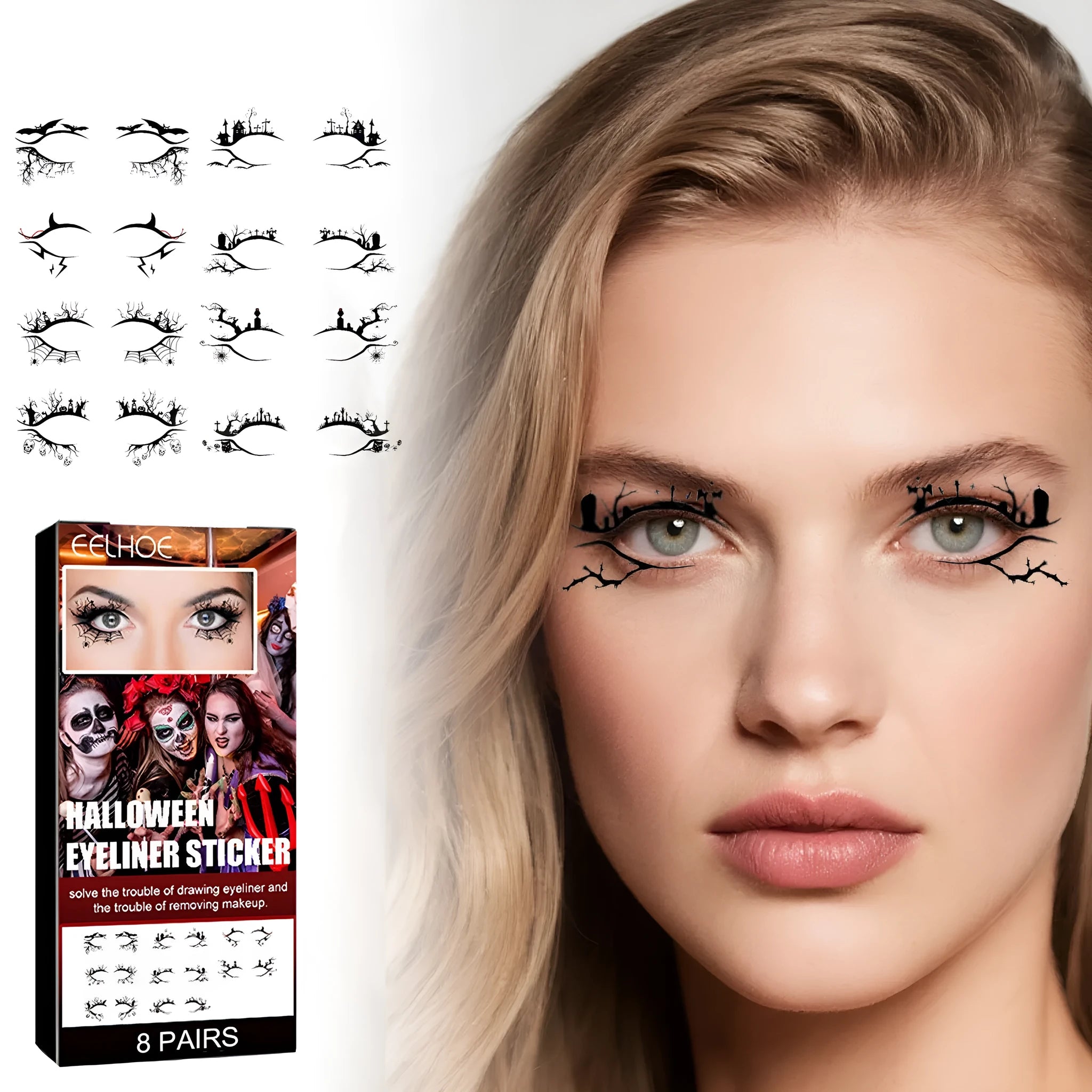 Bat spider decorative eyeliner stickers pack with 8 pairs of temporary tattoo transfers