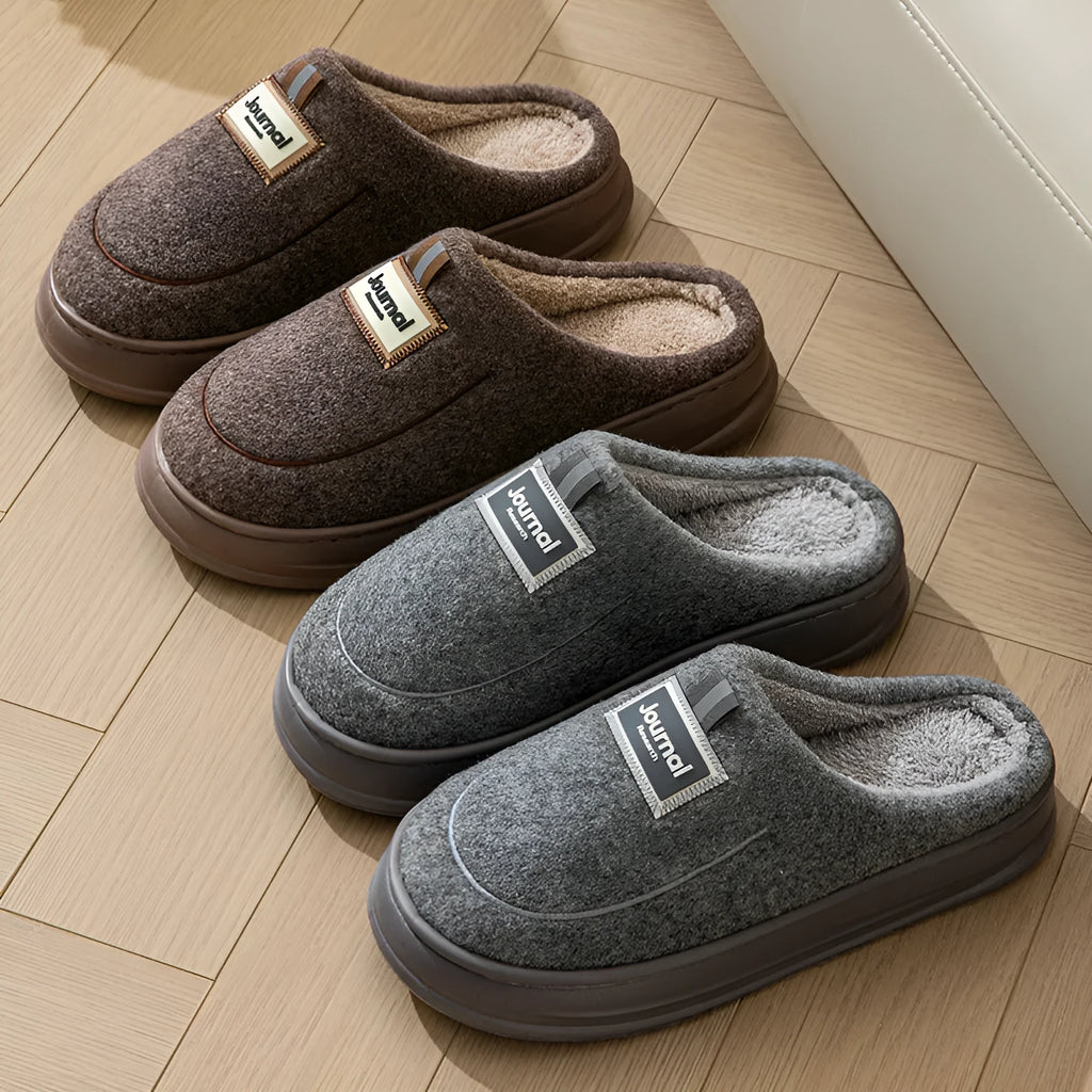 Brown and grey men's suede and cotton slippers with a thickened sole, shown in multiple extended sizes.