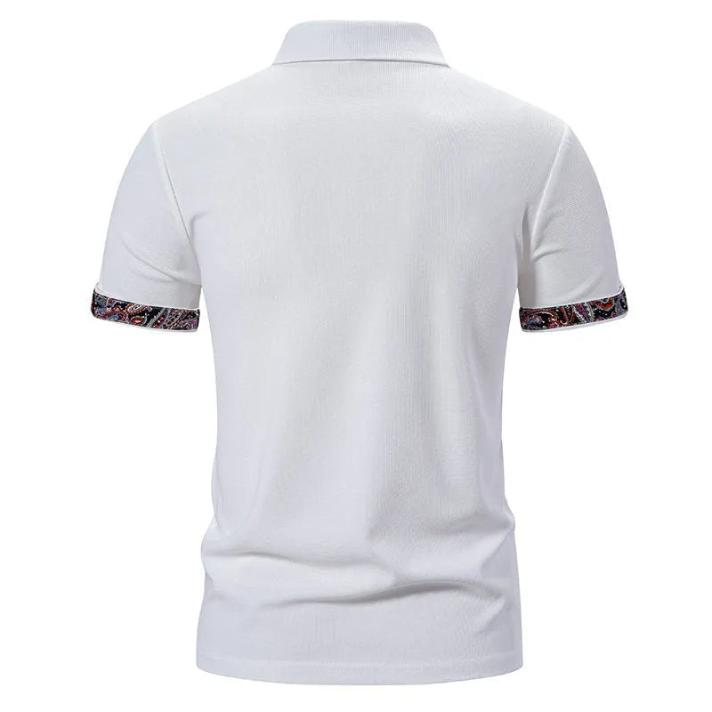 Men's European size polo shirt with colour stitching on turnover neck, short sleeves, available in white, black, and navy blue colours