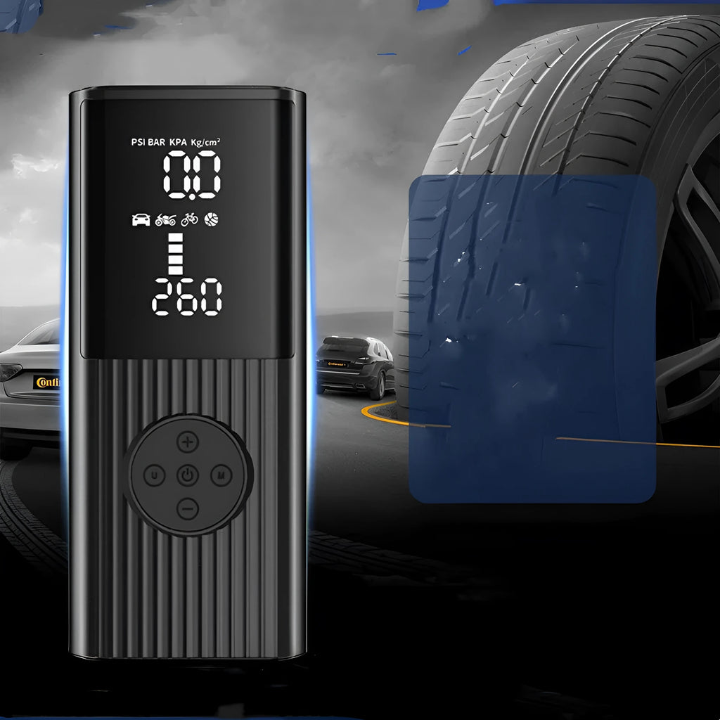 Wireless car tyre inflator pump with LED light, USB port, and storage bag with accessories.