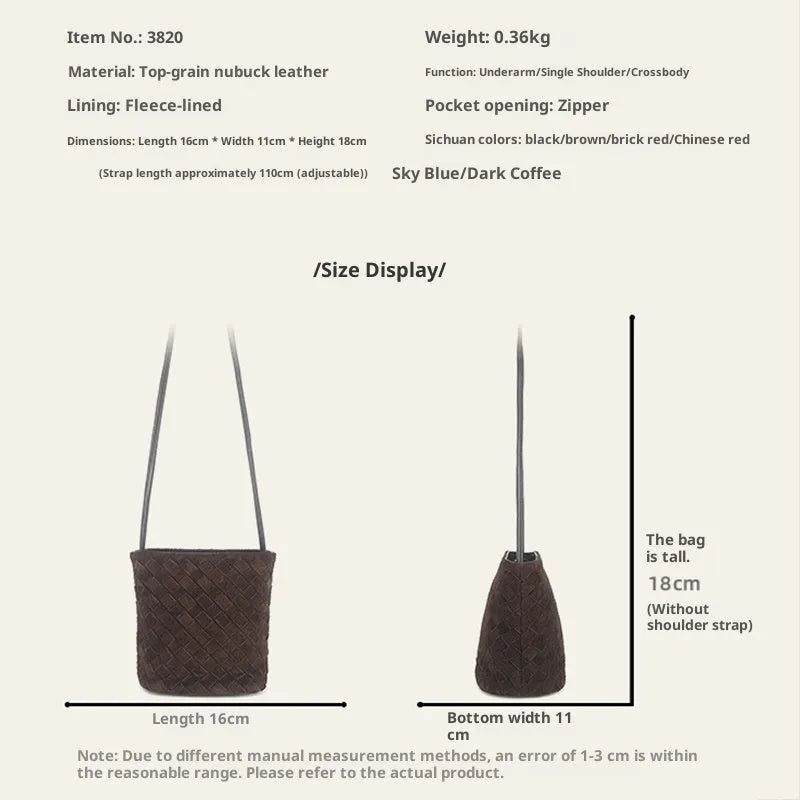Cowhide leather women's crossbody bag with barrel shape, zip closure, woven detail, and inner patch pocket.