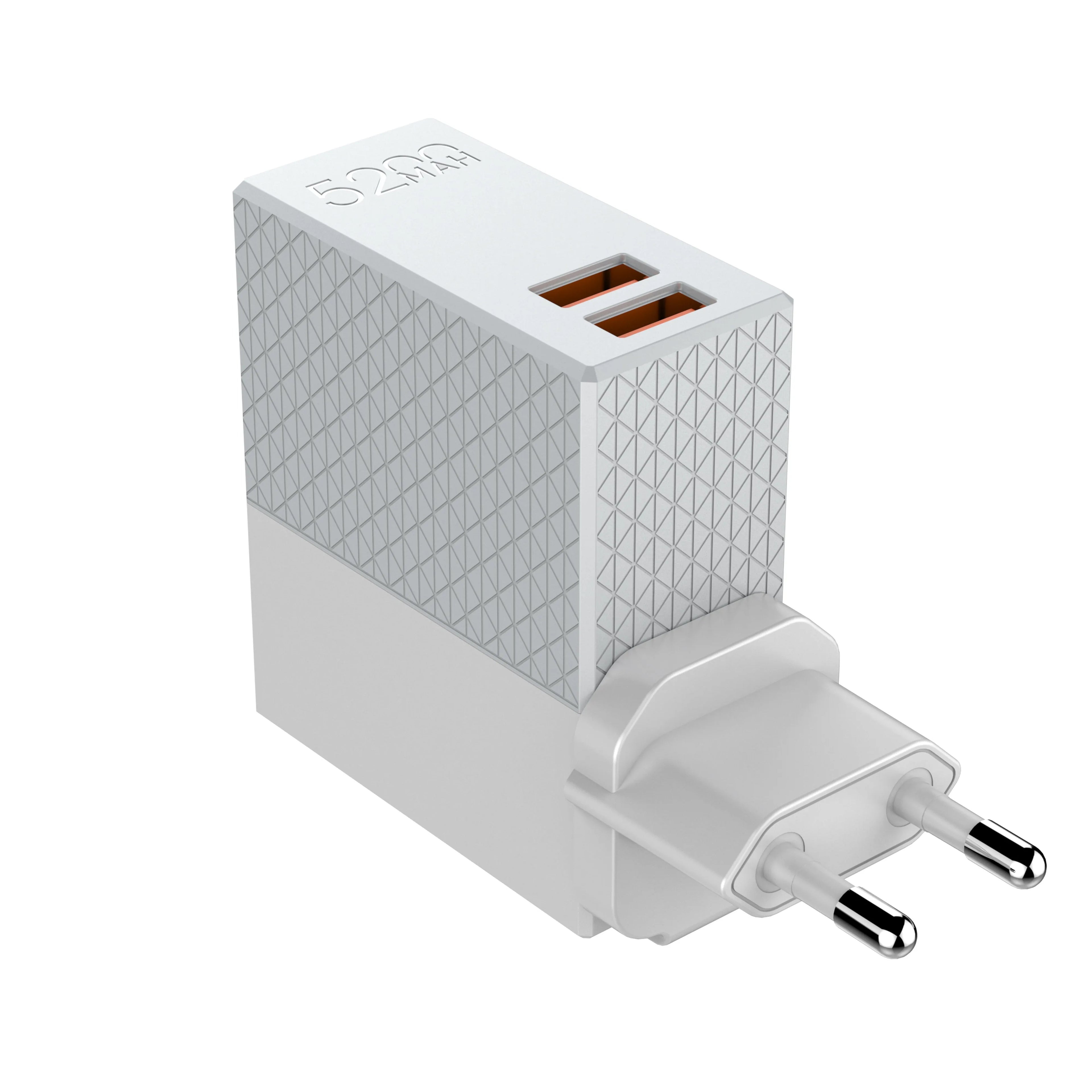 White two-in-one power bank charger with 5200mAh capacity and multiple plug standards