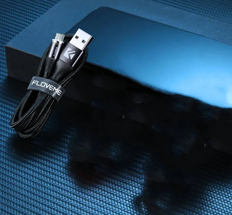 3A fast charge magnetic data cable with side light, showing Type-C connector and 3-in-1 heads for Apple and Android devices