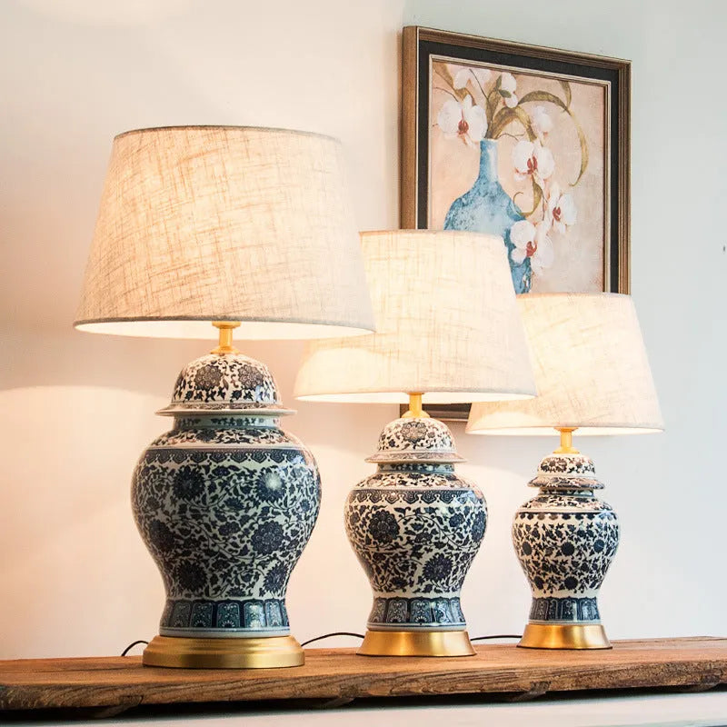 Chinese blue and white porcelain table lamp with handmade ceramic base and cloth shade