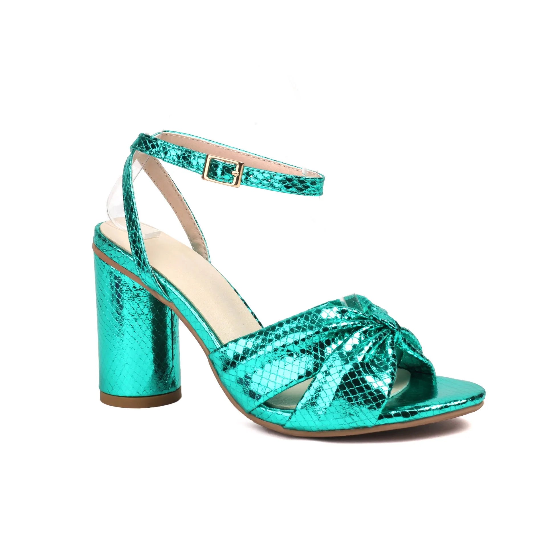 Gold high-heel peep-toe sandals with an ankle buckle strap on a size 40 foot.