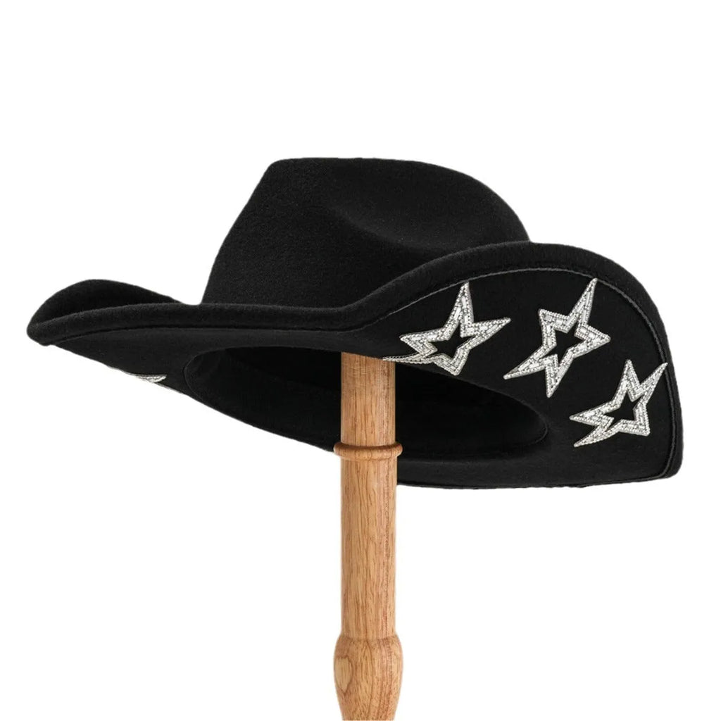Woolen felt western denim top hat with hexagonal star in beige, black, rose red, white, light pink, or brown, conical crown style