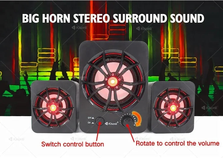 Green 2.1 USB computer speaker with LED lighting and 150 cm cable for desktop audio