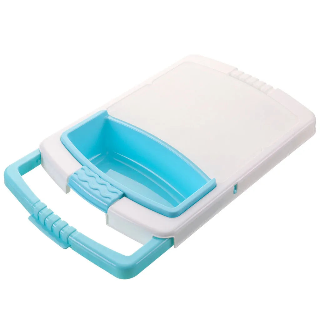 Green multi-function kitchen cutting board with integrated sink basket and drainage holes