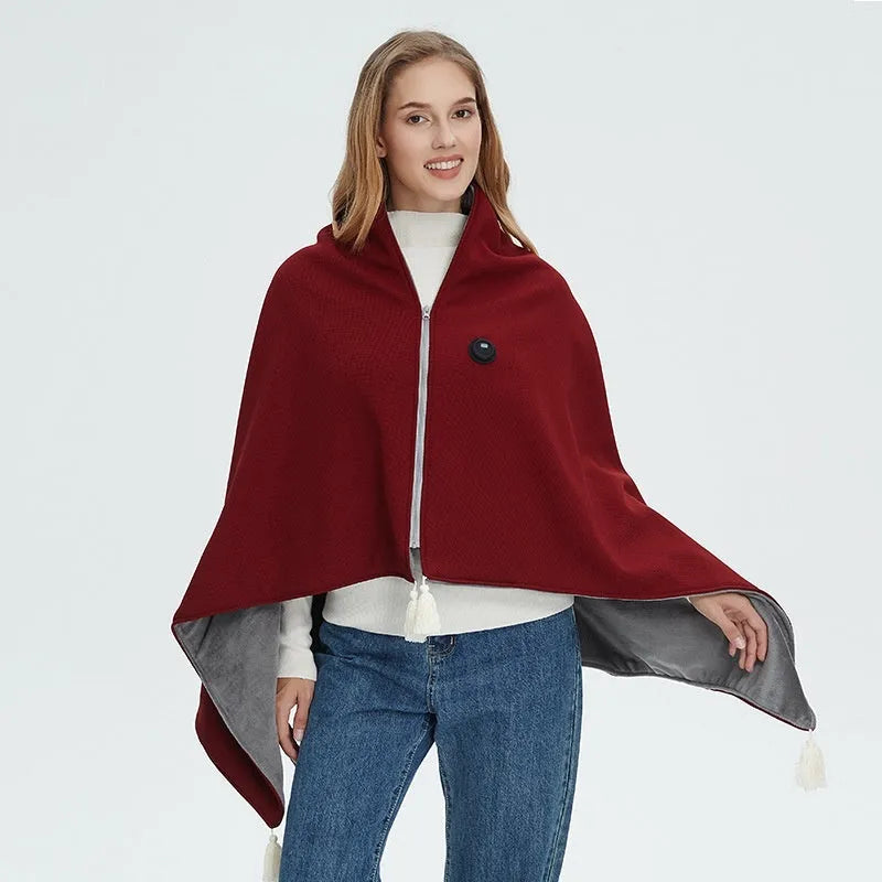 Shawl warm blanket in polyester, solid colour, with 4000mAh or 5000mAh power bank, available in green, red, or beige.