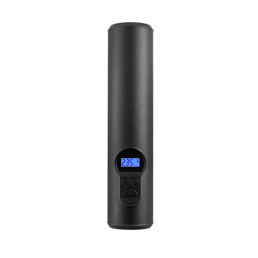 Wireless car tyre inflator pump with LED light, USB port, and storage bag with accessories.