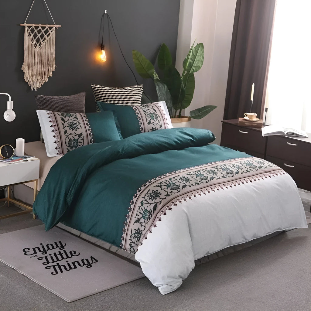 Polyester quilt cover and pillowcase bedding set in a plain weave with coloured edging.