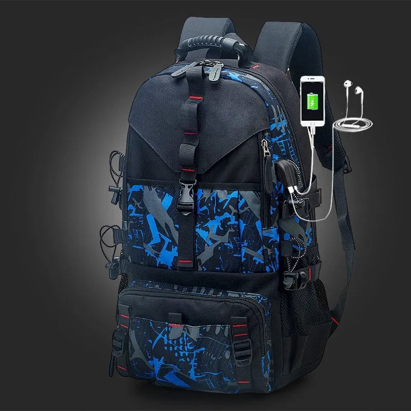 Men's waterproof Oxford cloth hiking backpack with 56-75 litre capacity and air pillow belt system in black colour
