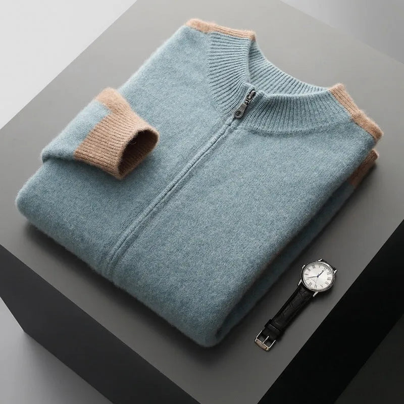 Men's loose fit half-turtleneck zipper cardigan in thick wool yarn, shown in dark blue.