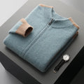 Men's loose fit half-turtleneck zipper cardigan in thick wool yarn, shown in dark blue.