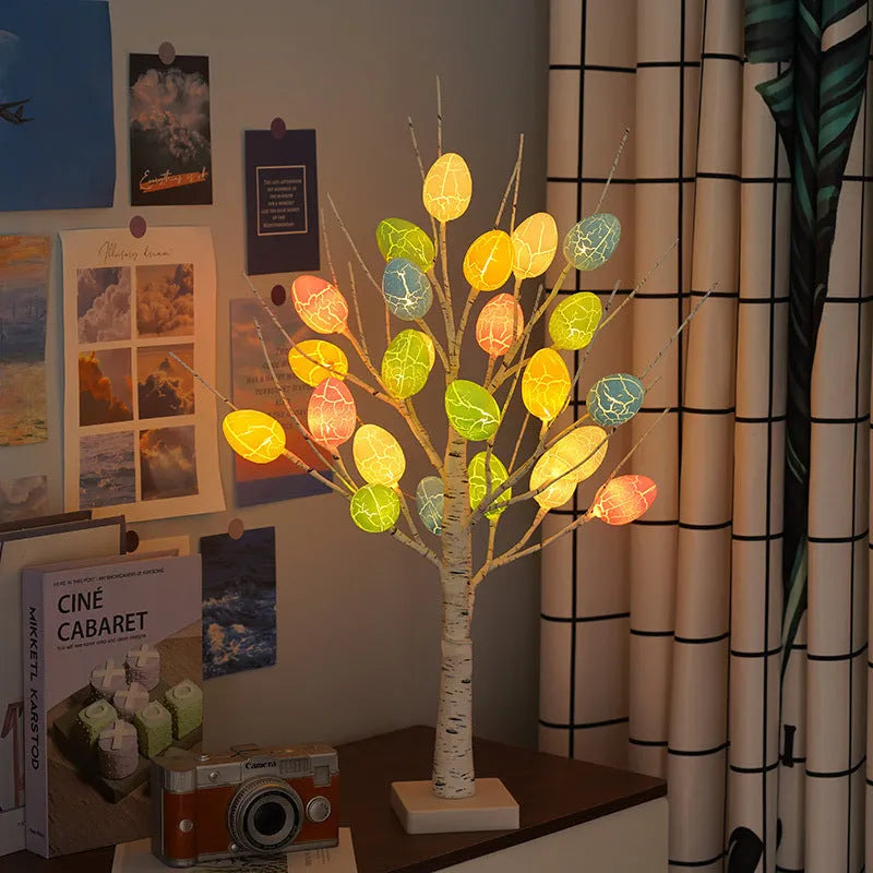 60cm white LED birch tree light with black bark lines and cracked egg ornaments on adjustable branches