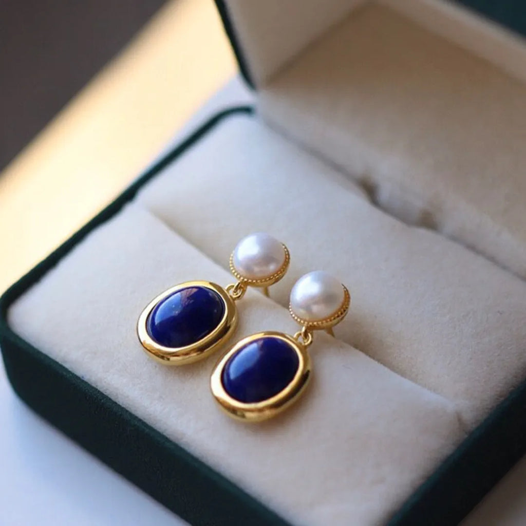 Natural lapis lazuli pearl earrings with 925 silver setting and auspicious pattern detailing