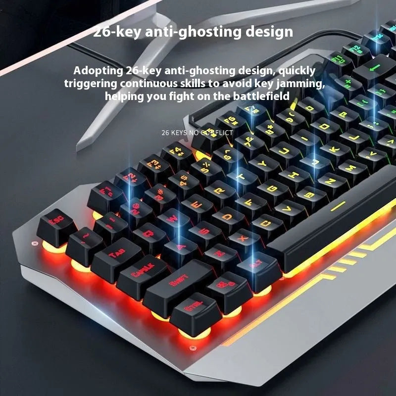 Black mechanical keyboard with colourful backlighting, mouse, and headset on metal frame