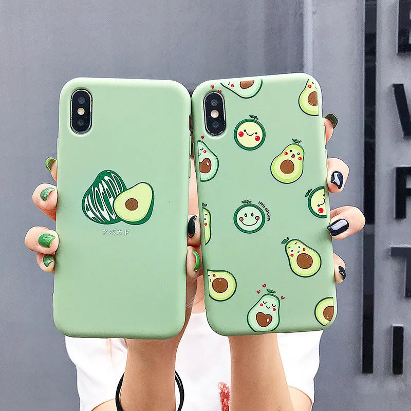 Avocado-themed TPU phone case with cartoon design for Apple and Android phones, showing precise port cutouts.
