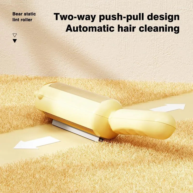 Blue pet hair remover with self-cleaning base rolling on a sofa to collect dog fur