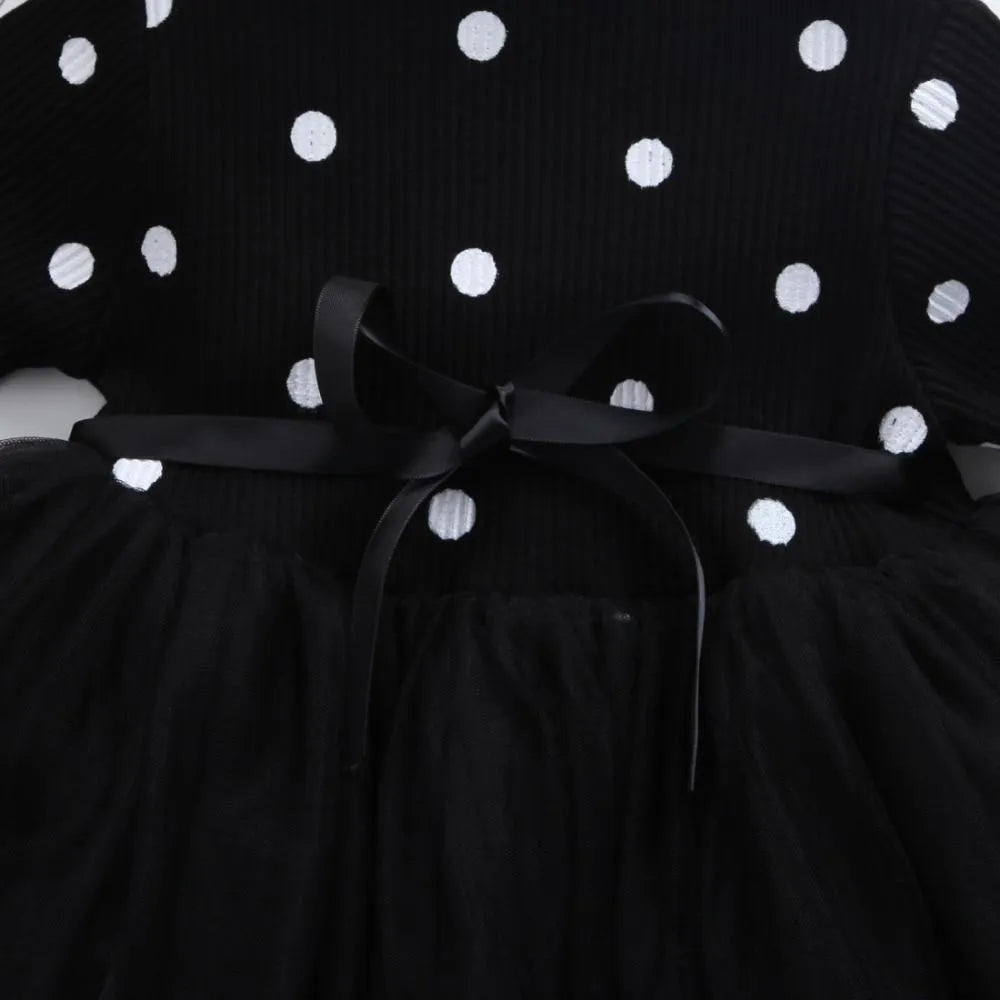 Baby girls long sleeve tutu lace dress with lace detailing, available in black, pink, white for ages 3-8 years