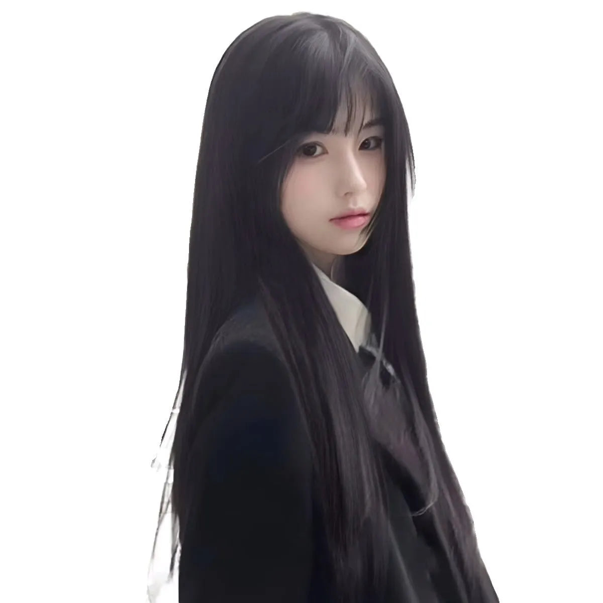 Black long straight synthetic wig with female bangs in high temperature fibre material