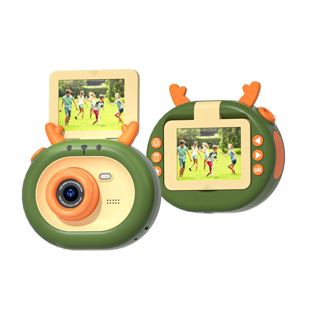Purple and dark green children's digital camera with flip screen, silicone case lanyard, measuring 9.8cm by 7.9cm by 3.8cm