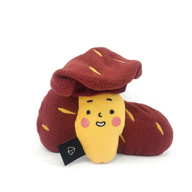 Sweet potato pet puzzle toy with removable peel showing internal food pockets for hiding treats