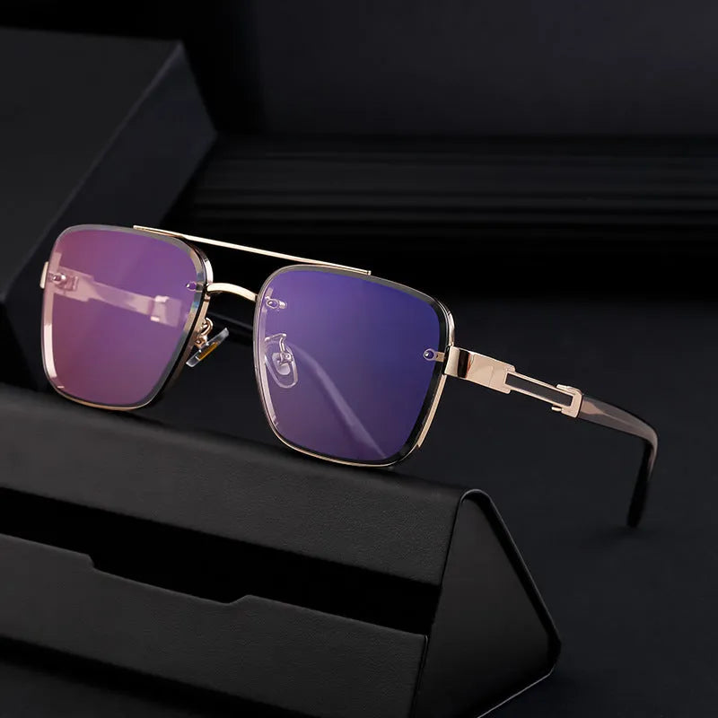 A pair of men's vintage-style sunglasses with UV-protective PC lenses, shown in a gold double gray colour variant.