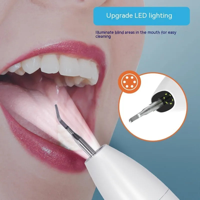 Ultrasonic dental cleaner with visual display, 30KHZ tracking, three cleaning modes, and 500mAh rechargeable battery.