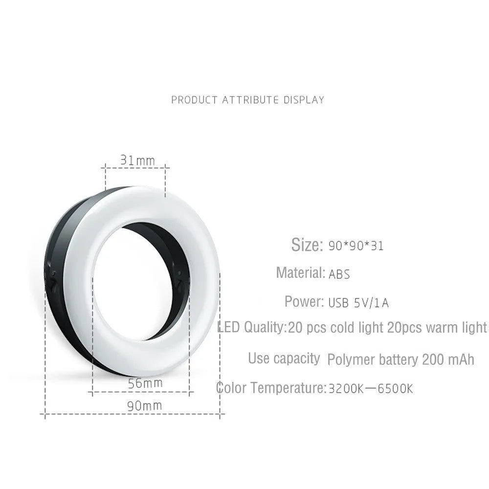 LED selfie ring light with adjustable brightness, compact 90mm design, and USB cable for mobile photography