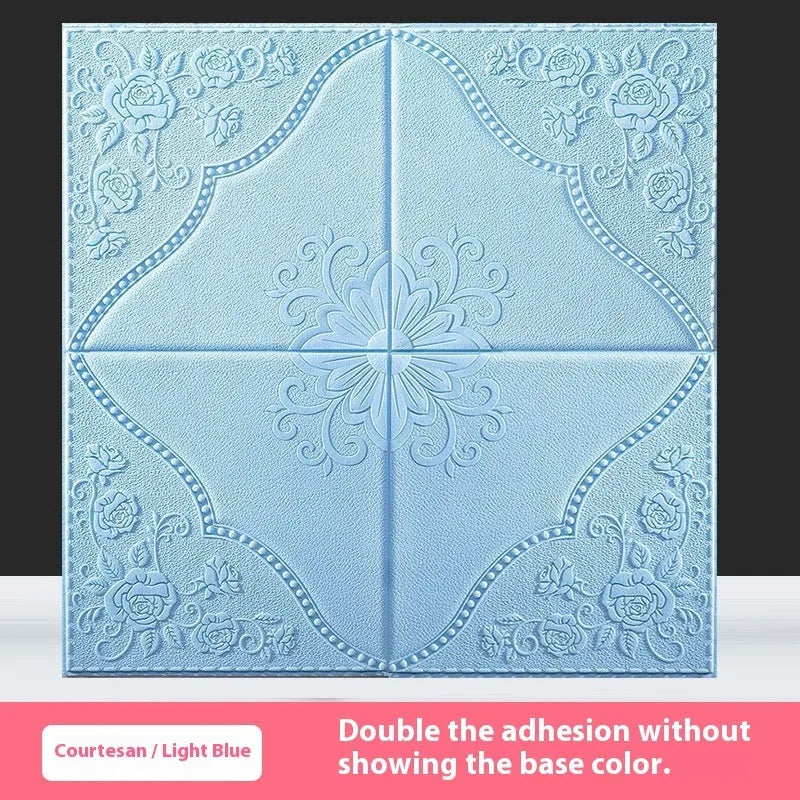 Light blue waterproof foam wall sticker with botanical plants and flowers design measuring 70cm square