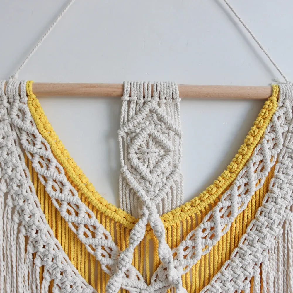 Hand-woven creamy-white cotton tapestry with textured surface, rectangular shape measuring 120 by 95 centimetres