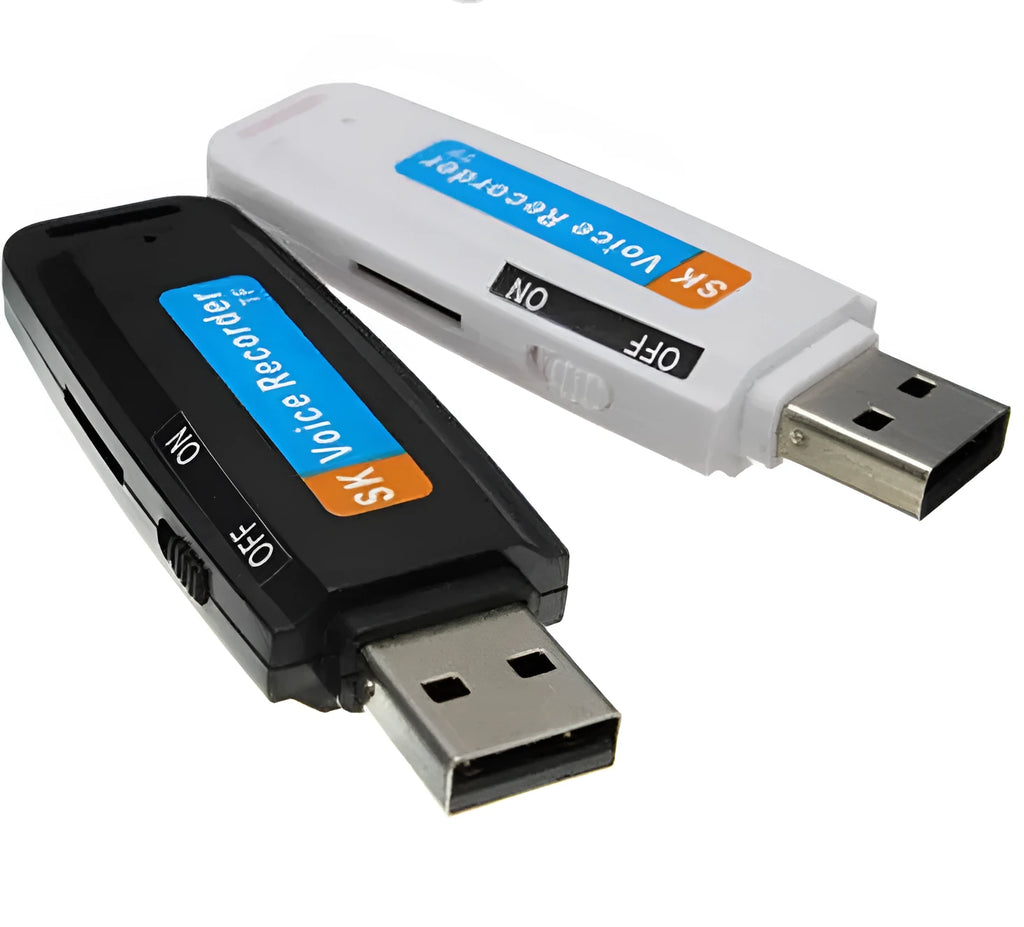 Black and white creative USB flash drive with voice card function showing compact plastic design.