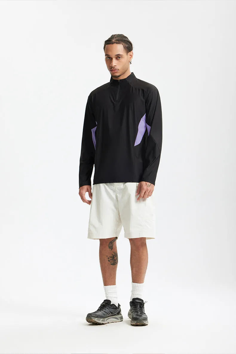 Men's lightweight polyester top in black or beige with long or short sleeves, solid colour pattern, sizes M XL for leisure wear