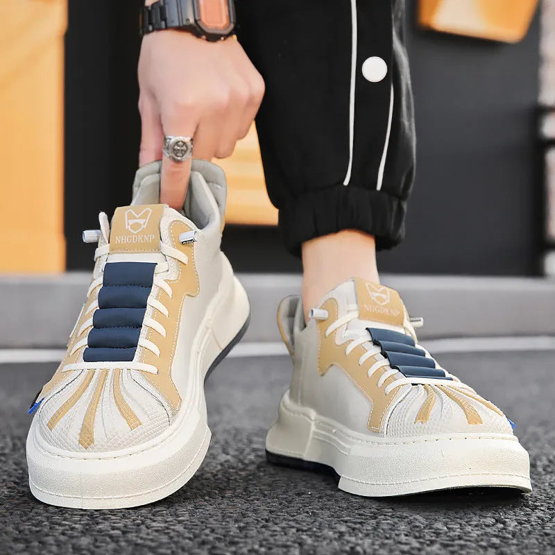 Men's beige low-top sneakers with elastic band closure and microfiber upper for casual wear.