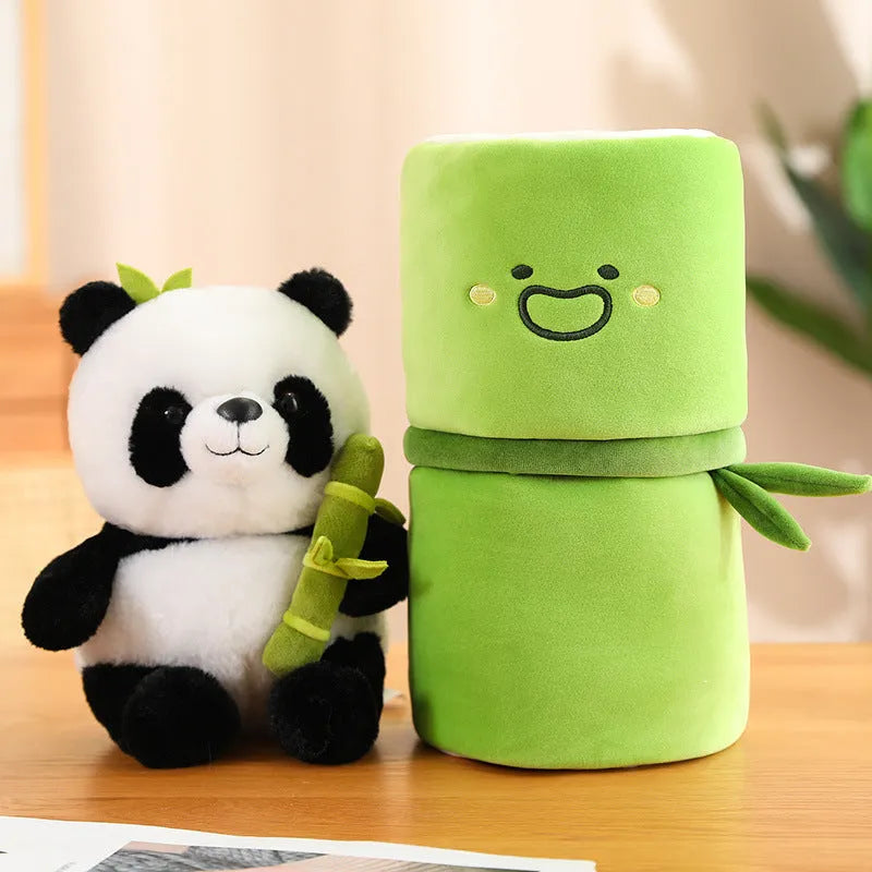 Panda plush doll pillow holding simulated bamboo tube, black and white soft toy