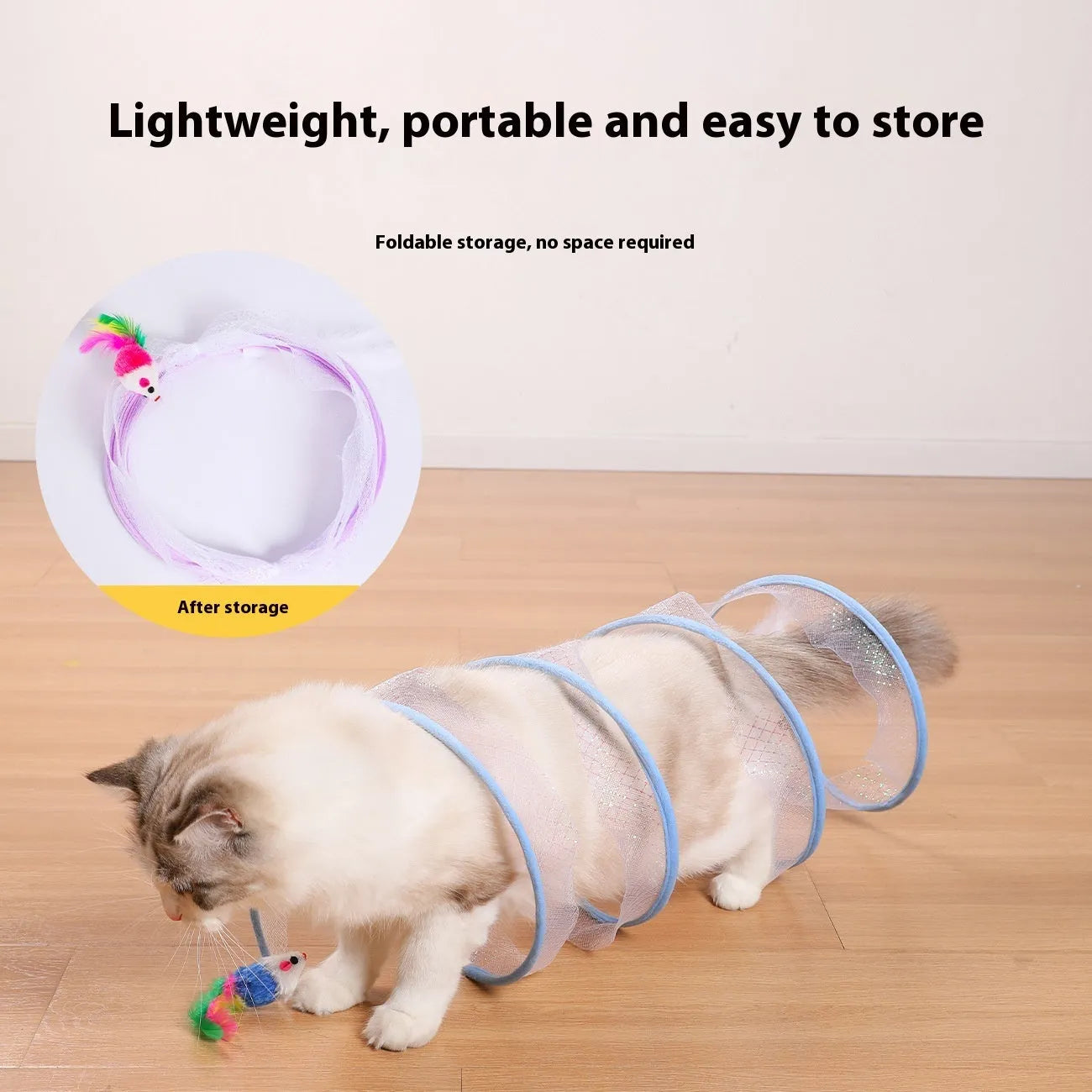 S-type cat tunnel toy with steel wire frame and elastic net fabric featuring feather stimulation elements