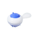Blue automatic pet bath brush with soft gel head and hair removal comb on a white background.