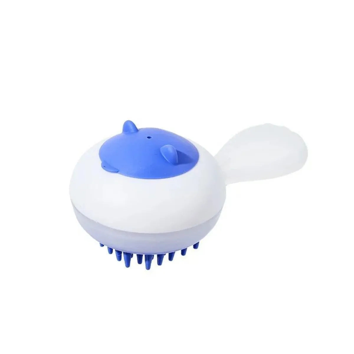 Blue automatic pet bath brush with soft gel head and hair removal comb on a white background.