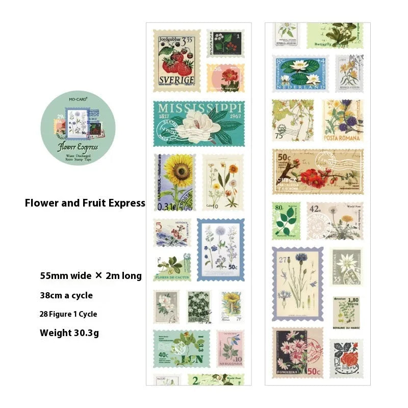 Retro DIY coated paper stamp roll with butterfly, forest, bird, and mushroom designs, 55mm wide and 2m long