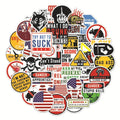 Pack of 50 personalised waterproof warning stickers with PVC adhesive and bright film coating for helmets and luggage.