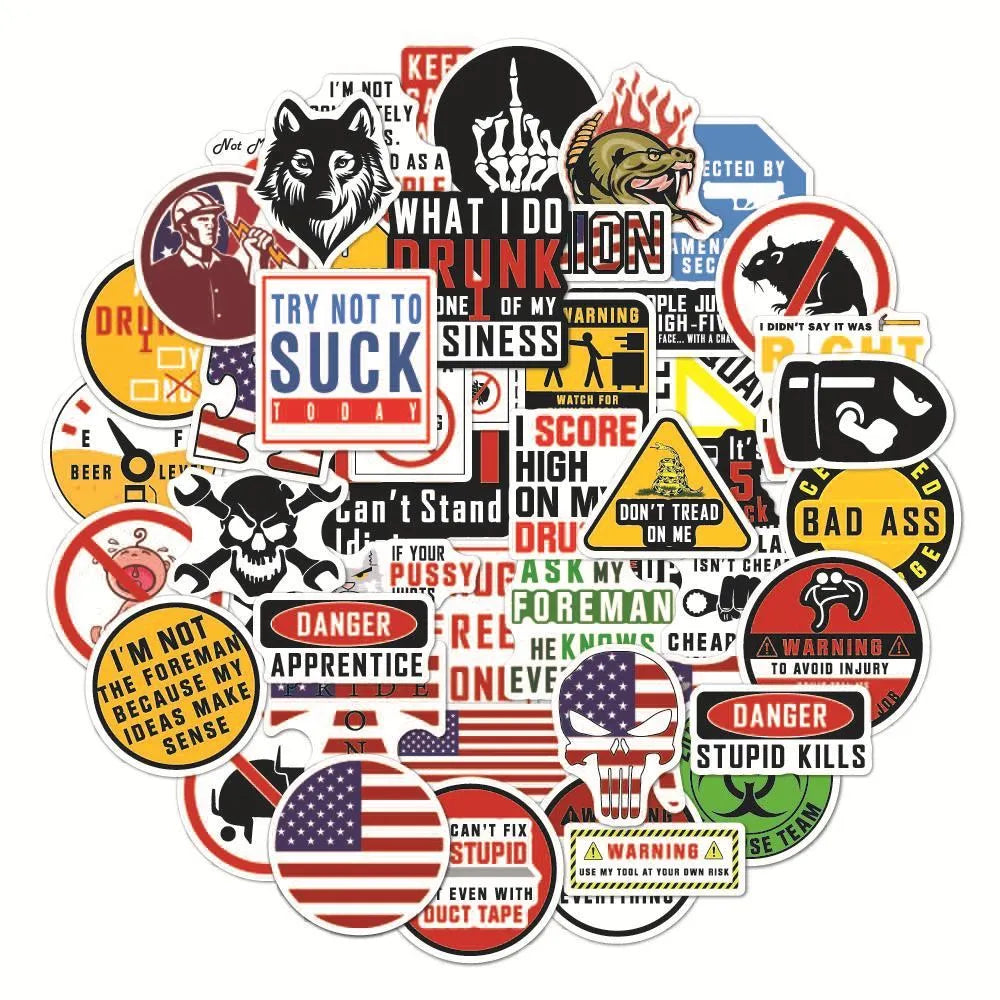 Pack of 50 personalised waterproof warning stickers with PVC adhesive and bright film coating for helmets and luggage.