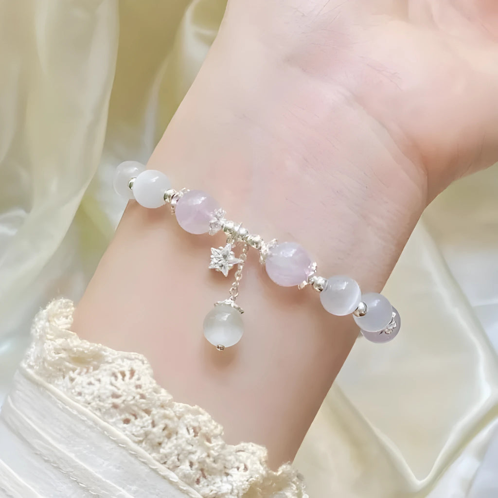 Opal amethyst crystal bracelet with moon shape and manual craftsmanship details