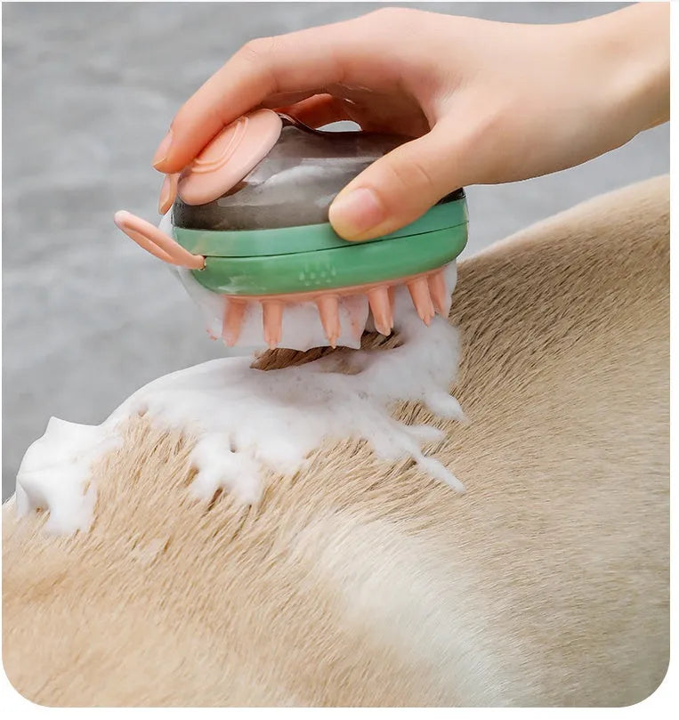 Blue pet grooming brush with shampoo dispenser and silicone bristles for dogs and cats