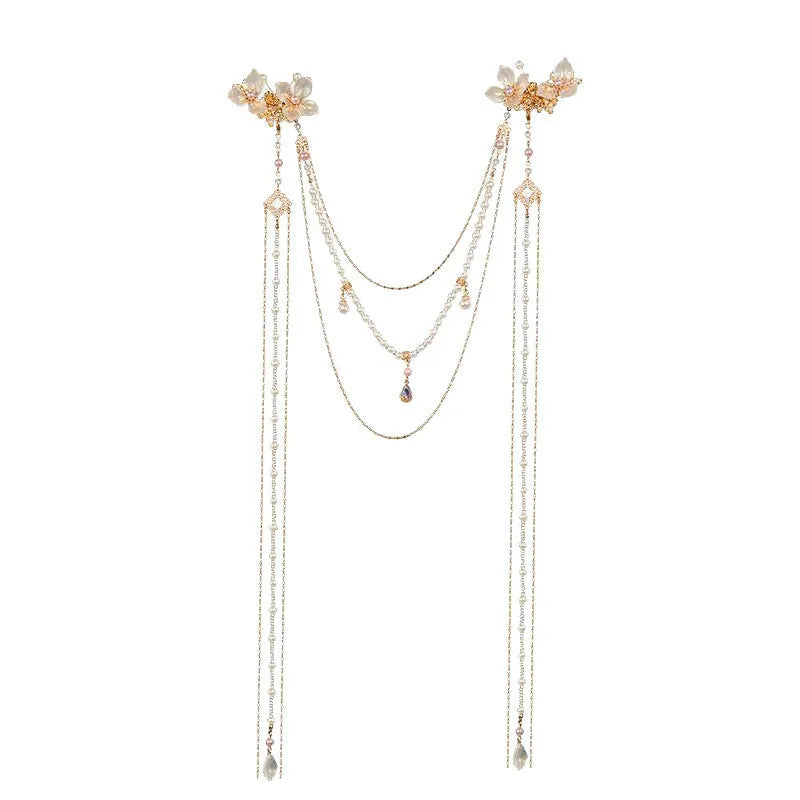 Women's pearl diamond flower long tassel hairpin with gold grip and decorative elements