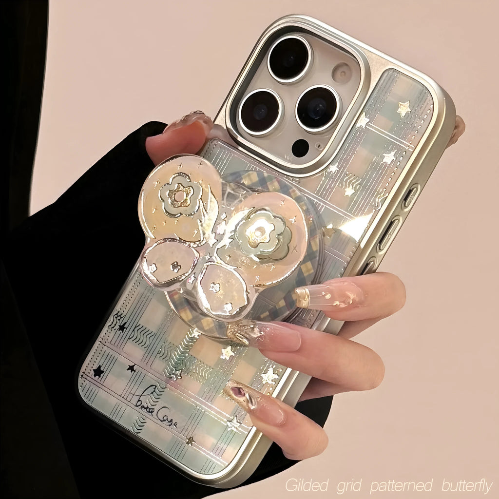 Gilding PC phone case with silver edge, plaid star butterfly pattern, rotating bow magnetic bracket for iPhone or Huawei