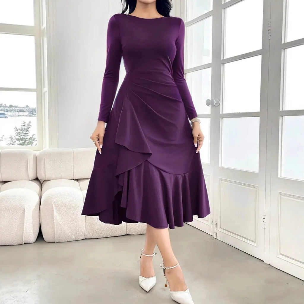 Purple women's long sleeve dress with round neck and ruffle detail, mid waist design