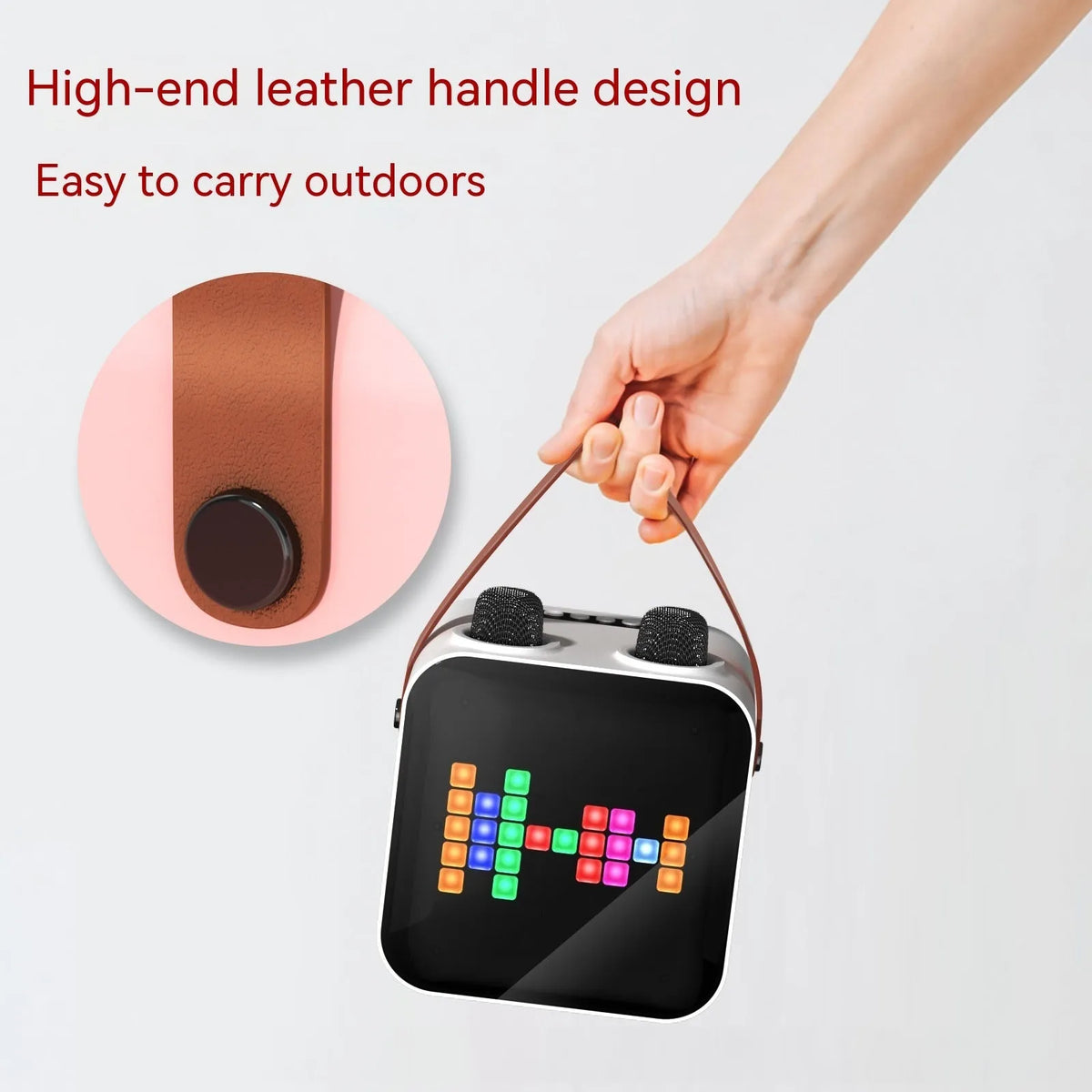 Portable Bluetooth karaoke speaker in black with two wireless microphones, 15W output, RGB rhythm light, and iron mesh front.