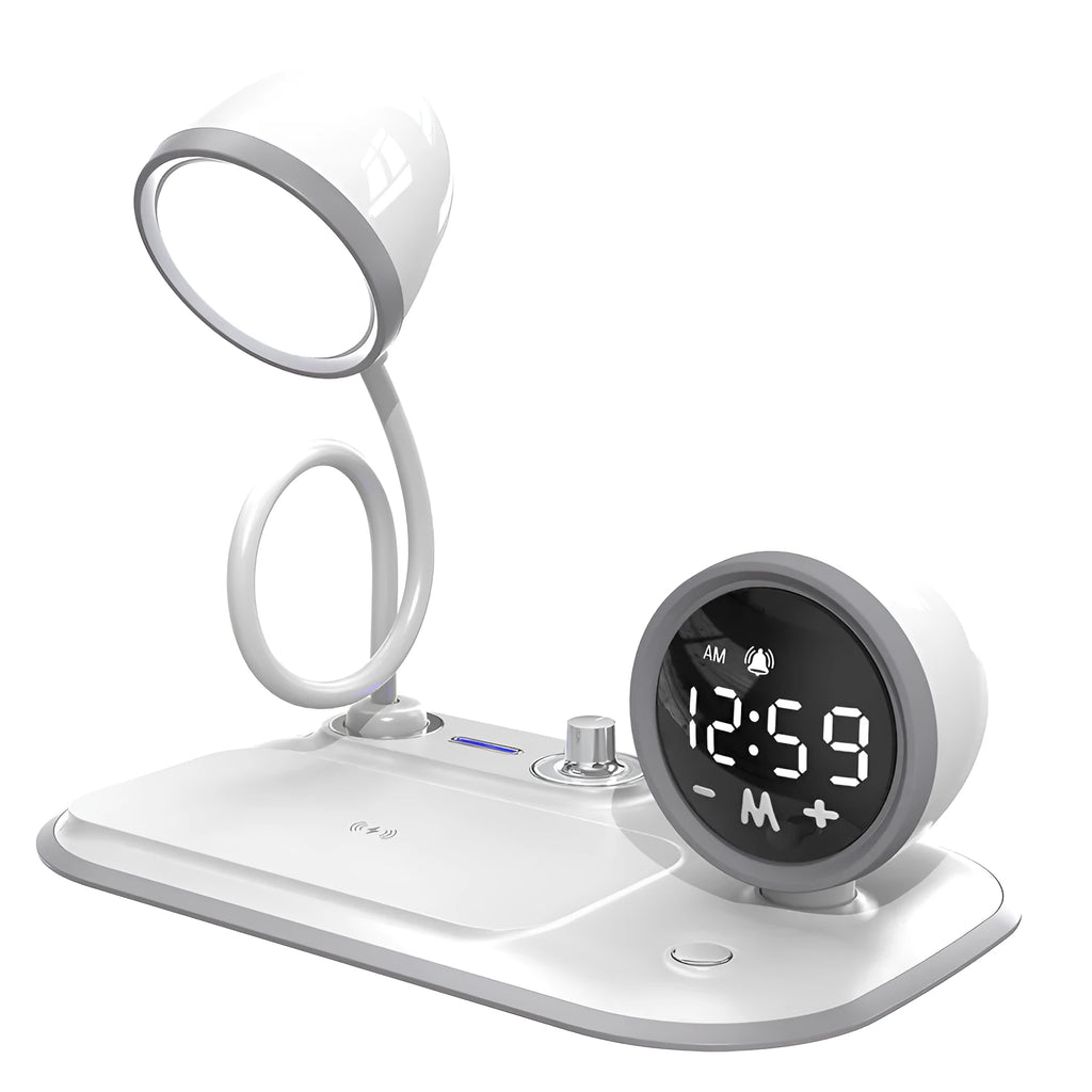 White three-in-one desk lamp with digital clock display and wireless charging pad for smartphones