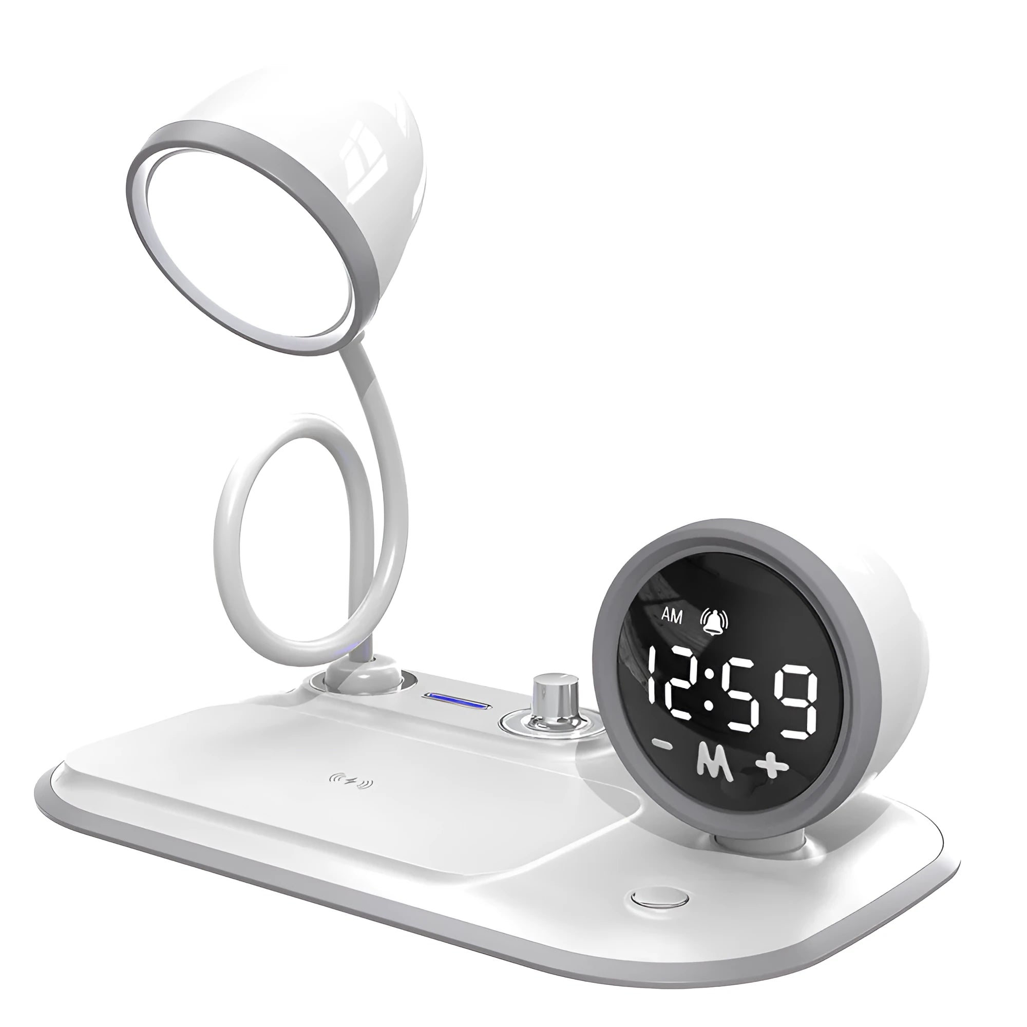 White three-in-one desk lamp with digital clock display and wireless charging pad for smartphones